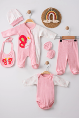 3 Ay Kelebek Nakış Tulumlu Kız Bebek 5'li Set Pembe